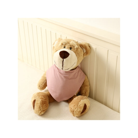 Pink magnetic baby bamboo bibs - lifestyle photo teddy bear