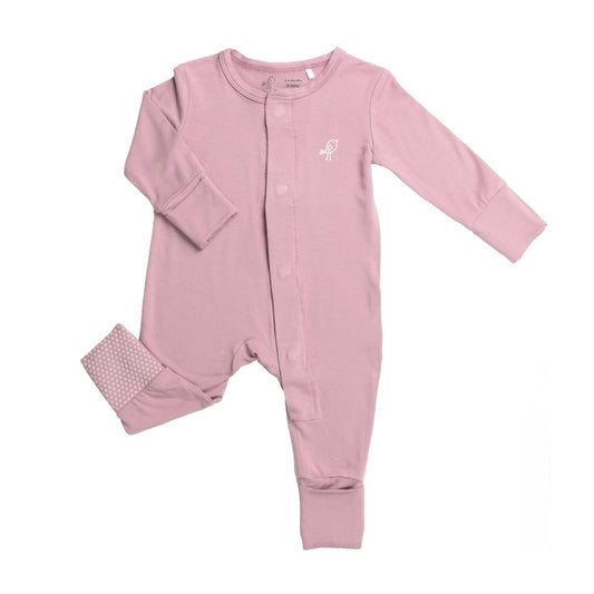 Front view of Birdie bamboo pink magnetic baby sleepsuit with convertible feet and mittens