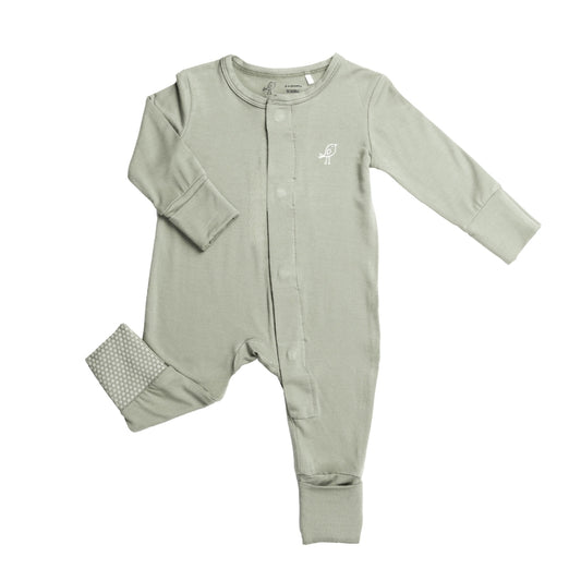 Front view of Birdie bamboo sage green magnetic baby sleepsuit with convertible feet and mittens