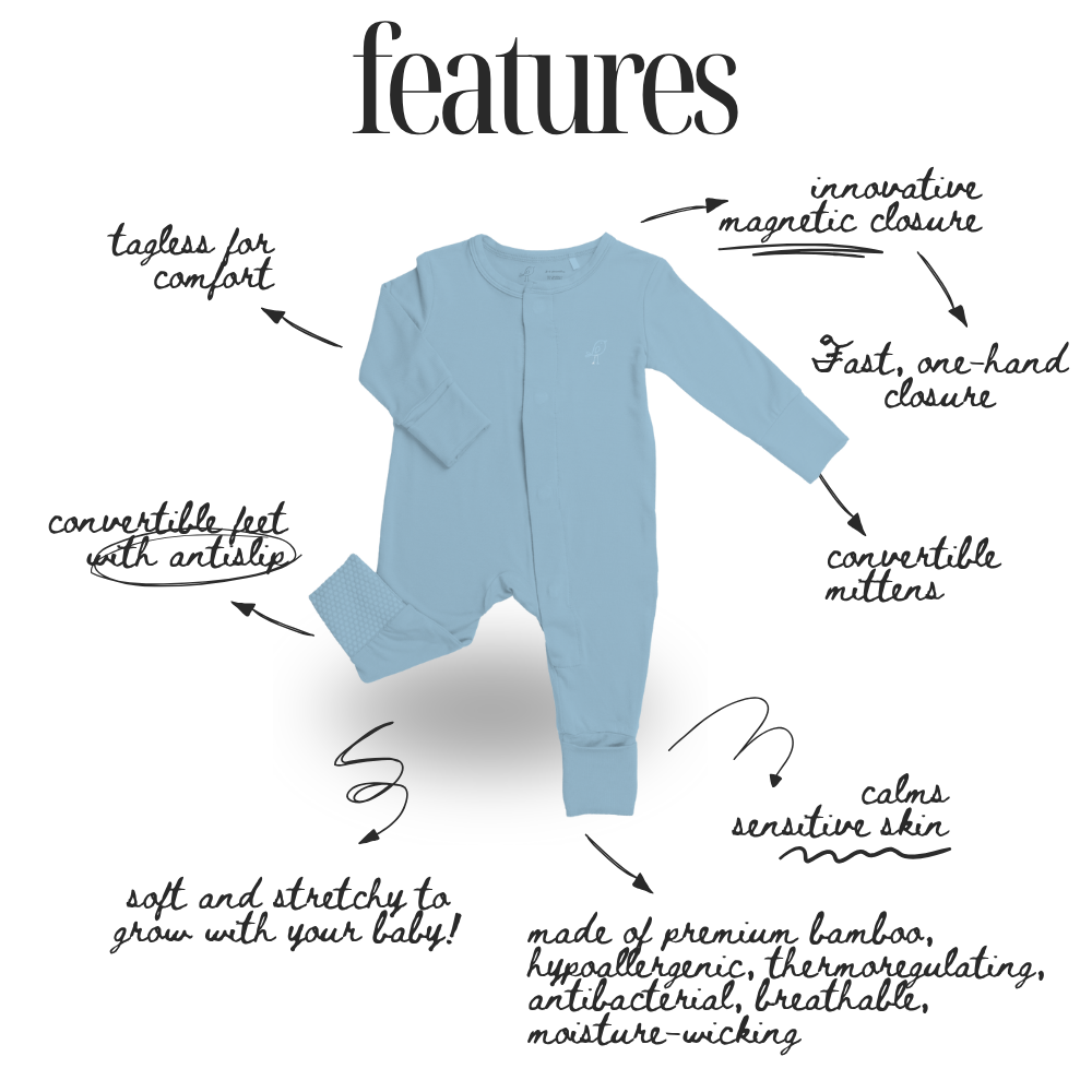 Birdie blue bamboo baby sleepsuit with magnetic closure and convertible footies and mittens – feature diagram
