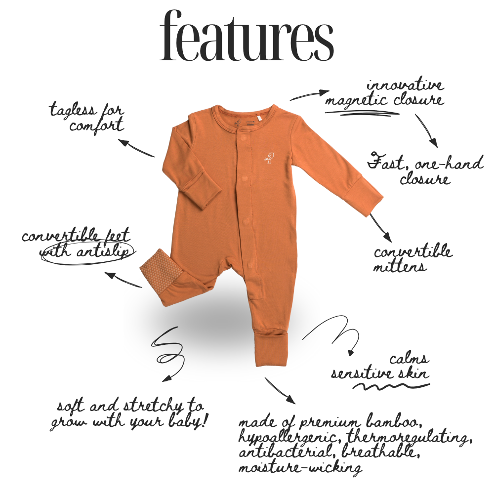 Birdie terracotta orange bamboo baby sleepsuit with magnetic closure and convertible footies and mittens – feature diagram