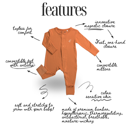 Birdie terracotta orange bamboo baby sleepsuit with magnetic closure and convertible footies and mittens – feature diagram