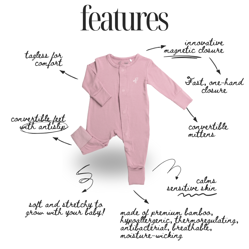 Birdie pink bamboo baby sleepsuit with magnetic closure and convertible footies and mittens – feature diagram