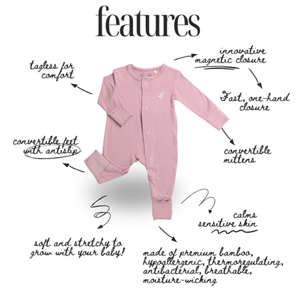 Birdie pink bamboo baby sleepsuit with magnetic closure and convertible footies and mittens – feature diagram