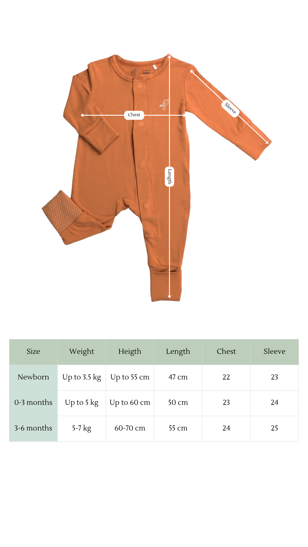 Sizing chart baby sleepsuit romper pyjama  magnetic closure baby clothes convertible mittens and feet