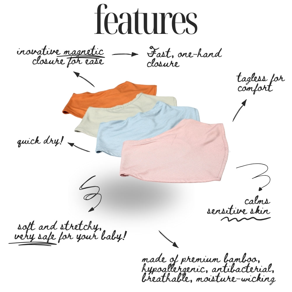  magnetic baby bamboo bibs - features and colors available
