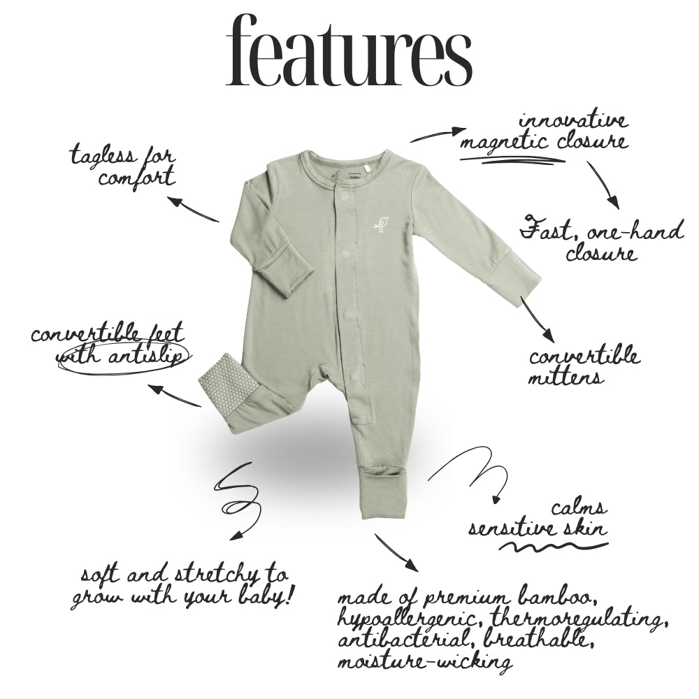 Birdie sage green bamboo baby sleepsuit pyjama with magnetic closure and convertible footies and mittens – feature diagram
