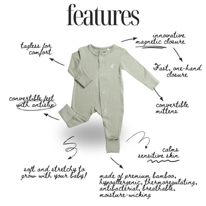 Birdie sage green bamboo baby sleepsuit pyjama with magnetic closure and convertible footies and mittens – feature diagram
