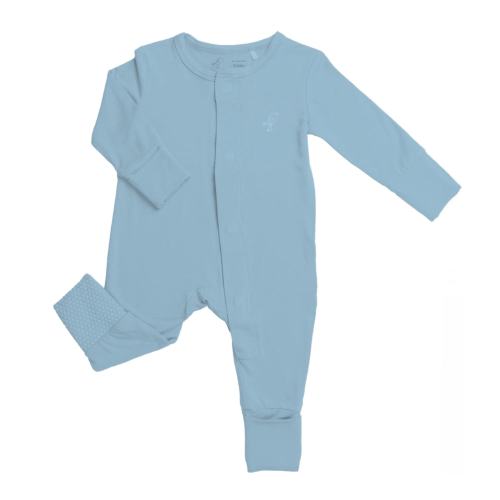 Front view of Birdie bamboo blue magnetic baby sleepsuit with convertible feet and mittens