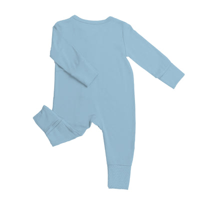 Back of Birdie blue bamboo baby sleepsuit pyjama with fold-over feet and mittens