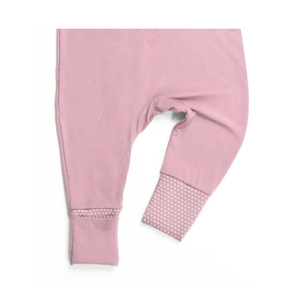 Birdie pink baby sleepsuit with close-up of anti-slip foot grip convertible
