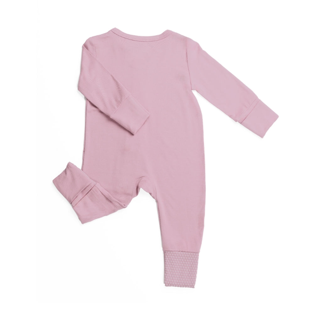 Back of Birdie pink bamboo baby sleepsuit with fold-over feet and mittens
