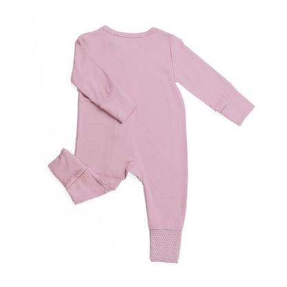 Back of Birdie pink bamboo baby sleepsuit with fold-over feet and mittens