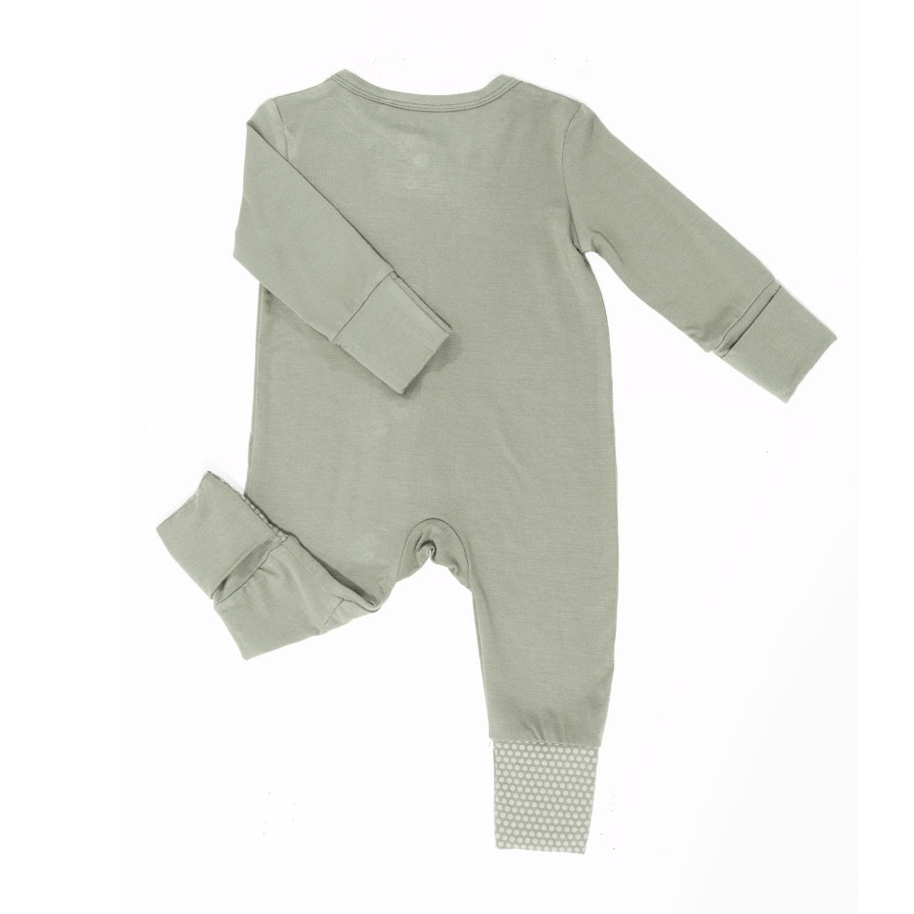 Back of Birdie sage green bamboo baby sleepsuit with fold-over feet and mittens