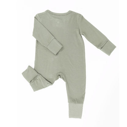 Back of Birdie sage green bamboo baby sleepsuit with fold-over feet and mittens