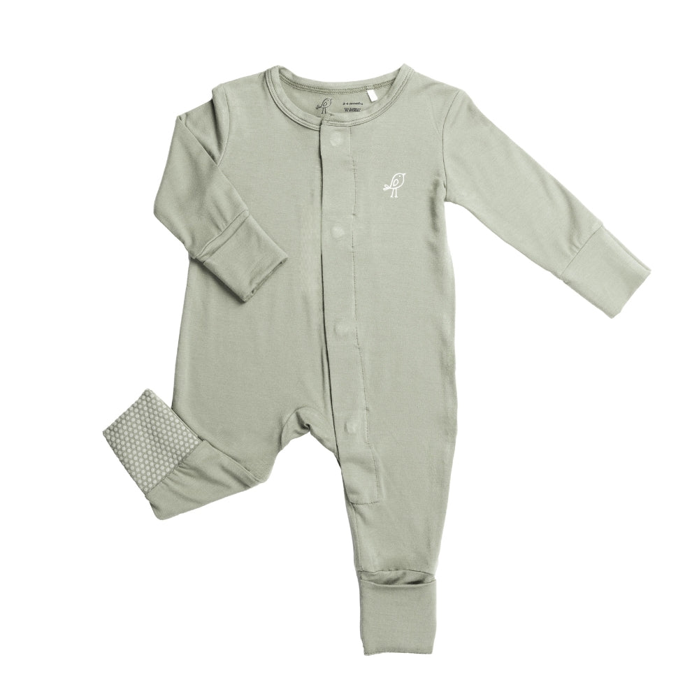 Front view of Birdie bamboo sage green magnetic baby sleepsuit with convertible feet and mittens