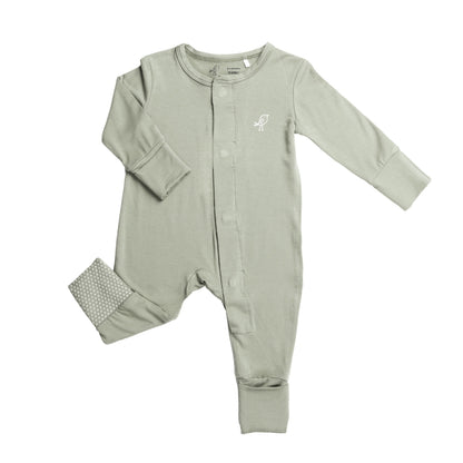 Front view of Birdie bamboo sage green magnetic baby sleepsuit with convertible feet and mittens